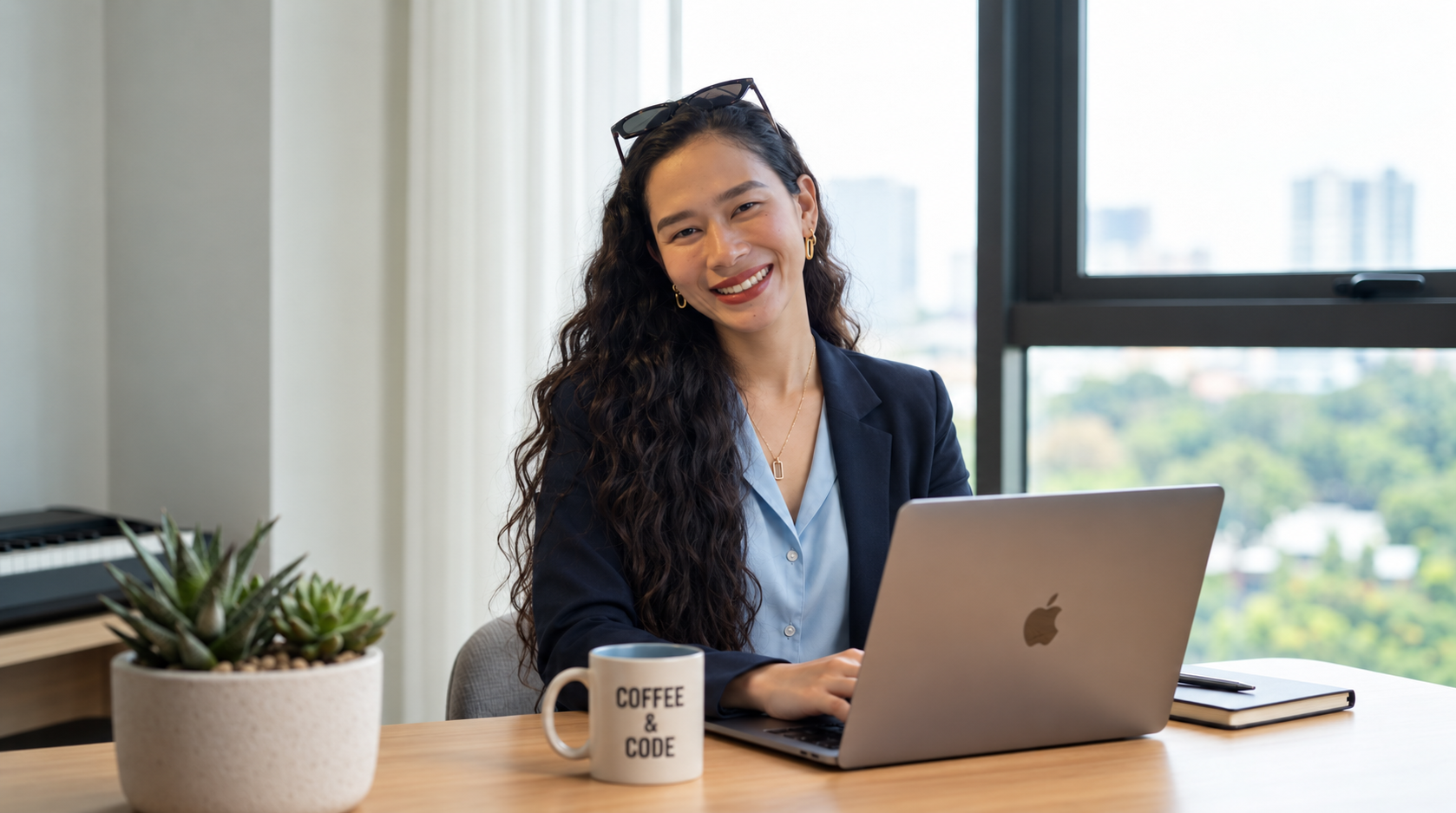 Joyce Aldiano smiling at her desk with a laptop